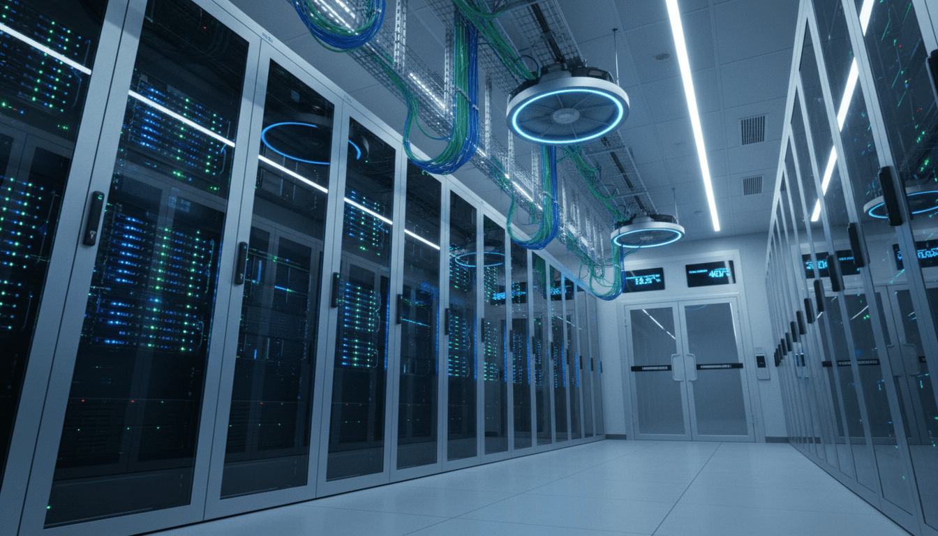 Secure data center with illuminated server racks, cooling systems, and professional network infrastructure Secure data center with illuminated server racks, cooling systems, and professional network infrastructure